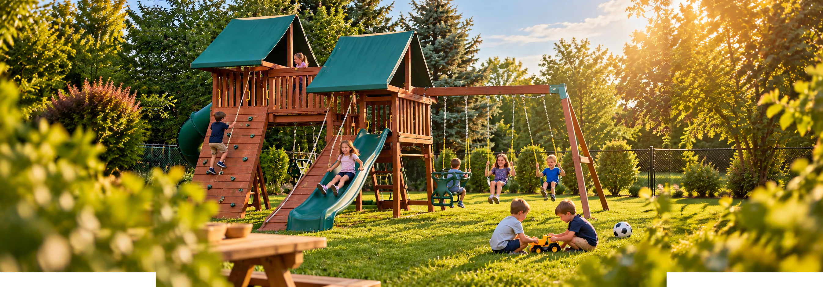 Children climbing, sliding and playing on a backyard playground