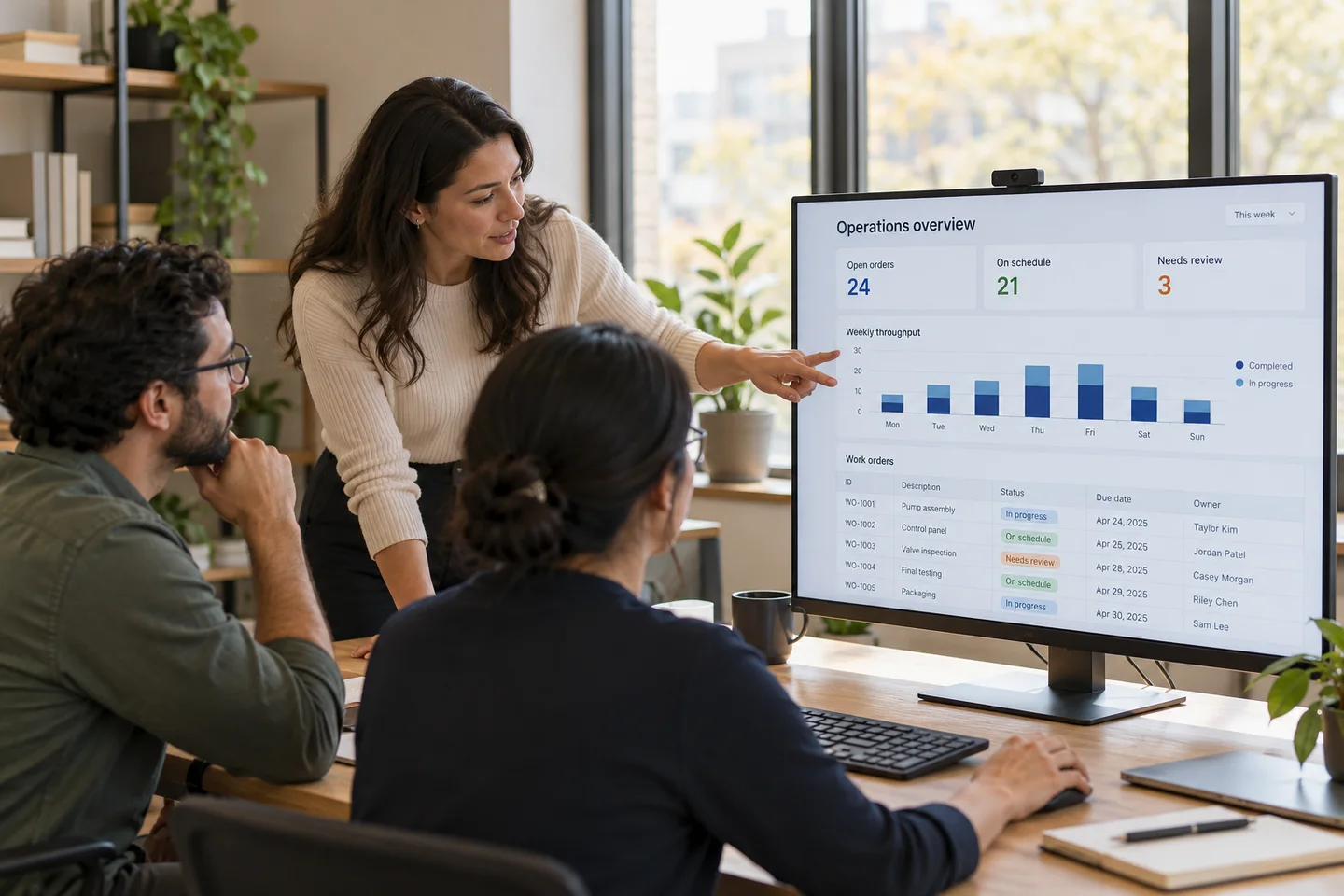 Three colleagues reviewing an operations dashboard