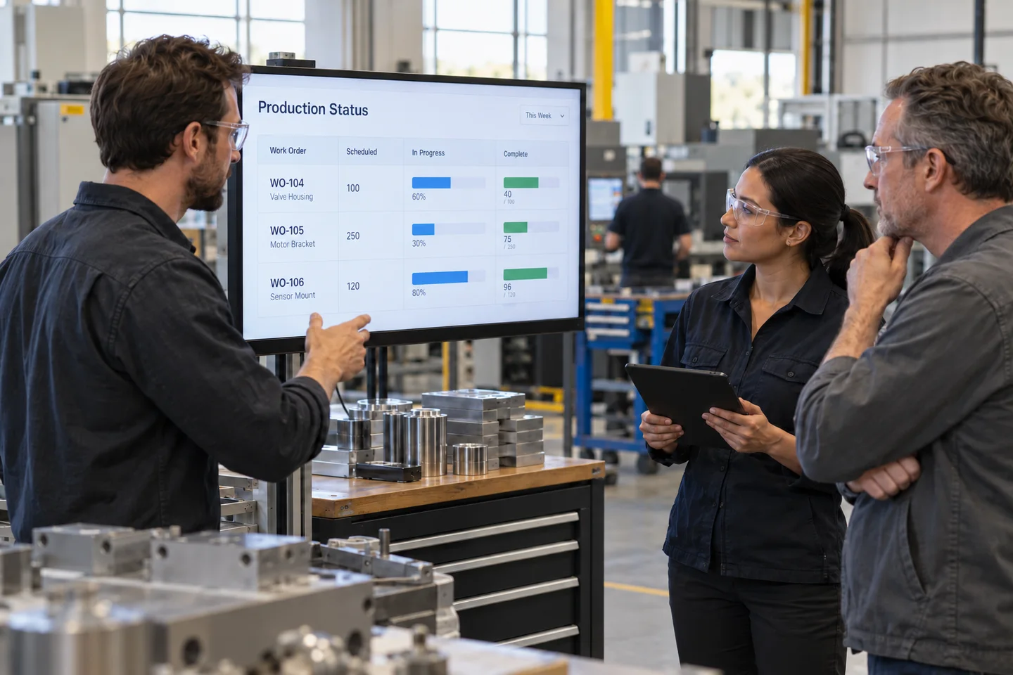 An operations team reviewing production progress in a fabrication workshop
