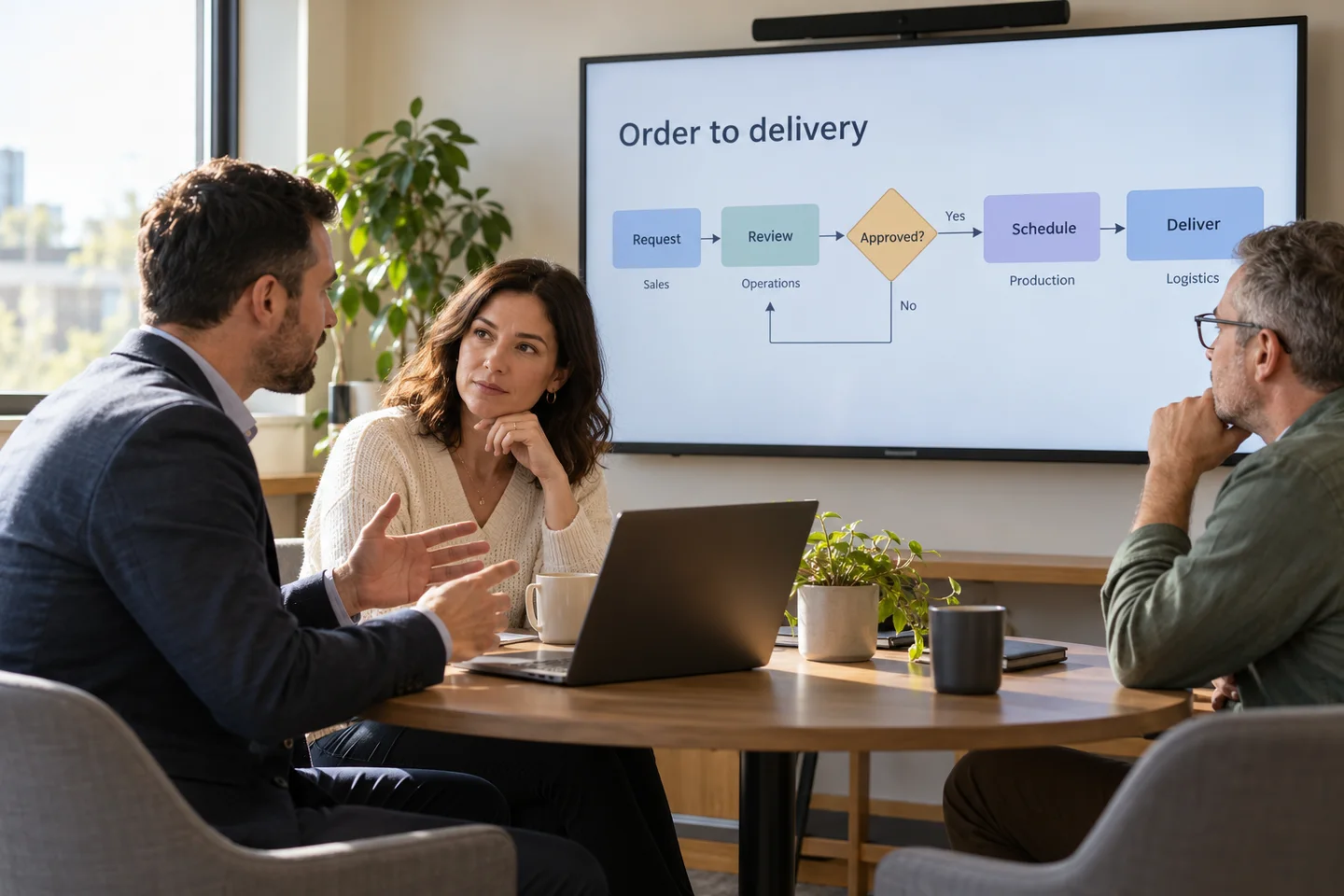 Three colleagues discussing an order-to-delivery workflow